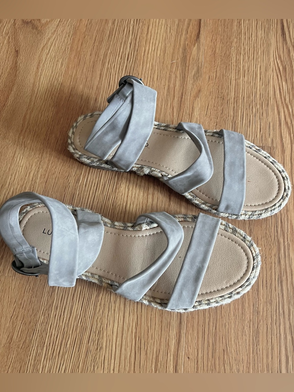 Lucky Brand Delfinne strappy sandals gray suede leather jute detail 8 M new 38.5